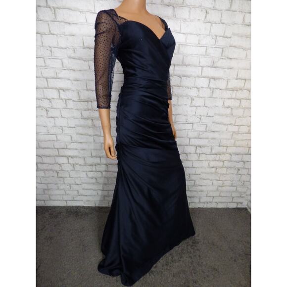 $558 La Femme 30138 Navy Blue Satin Ruched Trumpet Illusion Gown 12 NEW - Picture 5 of 16